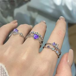 Wedding Rings 3-piece/set Y2K purple heart-shaped zircon ring for womens fashion retro Gothic sparkling queen ring 2024 hot party gift lucky jewelry Q240315