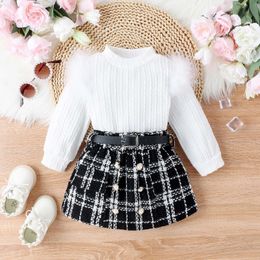 2Pcs Set Baby Girl Ruffle Long Sleeve Top Plaid Mini Pleated Skirt With Belt Toddler Kid Autumn Winter Fashion Outfits Year 240314