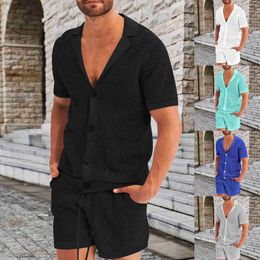 Men's Tracksuits Mens Hawaiian Shirt Set New Summer Cold Silk Solid Short sleeved Beach Shirt Mens 2-piece Set Ropa Hombre Q240314