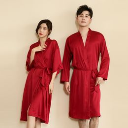 Couple Pyjamas Spring/Summer Ice and Snow Silk Satin Solid Colour Pyjamas Men's and Women's Long Wedding Bathrobe Wedding Red