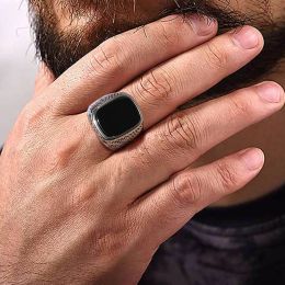 Rock Punk Onyx Stone Rings for Men, Stylish Solid 14K White Gold Signet Ring,Cool Fashion Gifts for Him Jewellery