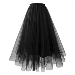 Skirts Solid Colour Pleated Skirt Gauze Women Elegant Women's High Waist Mesh A-line Maxi Tulle For Prom