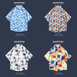 Thai seaside flower shirt mens short sleeved ins casual summer Hawaiian ice silk beach shirt trend