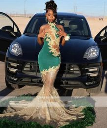 Mermaid Long Green Prom Dresses Halter Lace Appliques Feathers Sequined Birthday Party Sparkly Evening Gowns Robe De Bal
