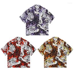 Men's Casual Shirts WACKO MARIA Hawaii Short Sleeve Shirt Men Woman 1:1 Good Quality Flame Tiger Printing Lapel Tops Tee