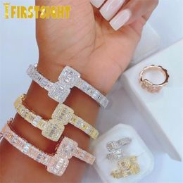 Iced Out Bling Opened Square Zircon Charm Bracelet Gold Silver Color Baguette AAA CZ Bangle For Men Women Hiphop Jewelry 220215273t