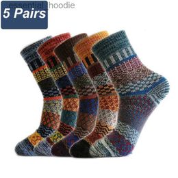 Men's Socks 5 Pairs/Lot Mens Thick Wool Autumn And Winter High Quality Japanese Vintage Stripes Warm Comfortable Soft EU 38-44C24315