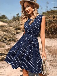 Party Dresses 2024 Summer Pleated High Waist Dress Women's Elegant Royal Blue Midi Polka Dots Female Office Dinner Vestidos