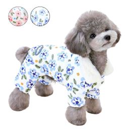 Rompers Kawaii Flower Print Dog Jumpsuit Fur Collar Dog Clothes for Small Dogs Winter Warm Puppy Onesie Chihuahua Costume Pets Pyjamas