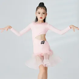 Stage Wear Ballroom Dance Dresses For Girls Pink Long Sleeved Latin Dress Child Performance Costume XS6852