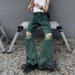 Women's Jeans Green Perforated Design Straight Wide Legs Vintage Cool Girl High Waisted Pants Female Retro Denim Trousers 2024