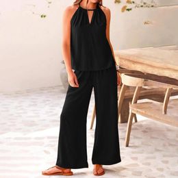Women's Two Piece Pants Fashion V-neck Tops Tracksuits Women Solid Pant Sets Vintage Split Cropped Trouser Suit 2024 Spring Casual Loose