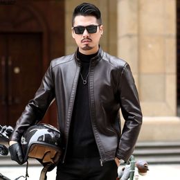 Autumn/winter New Haining Genuine Leather Jacket for Mens Slim Fit Short Standing Collar Middle-aged