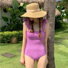 Women's Swimwear 2024 South Korean INS Style Candy Colour Solid Simple Vintage Bow Knot Covers The Belly And Slim Conservative One Piece