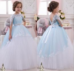 Half Sleeve Sky Blue Flower Girls Dresses Beaded Crystals Lace Appliques Puffy Flowergirl Gowns Floor Length Tulle Ruched Communio8257701