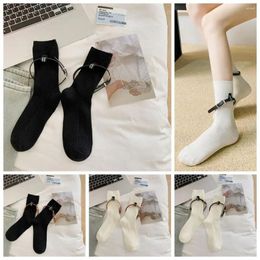 Women Socks Cotton Women's Boneless Stitching With Belts Mid-calf Solid Color Medium Tube Korean Style Dressing Female