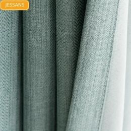 Curtains 2023 New Light Luxury Green Stripes Solid Color Cotton and Linen Blackout Curtains for Bedroom Living Room Balcony Customization