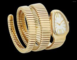 Wristwatches Top Quality Women Snake Yellow Gold Long Bracelet Diamond Bezel Rome White Quartz Stainless Steel Sapphire Ladies Wristwatch
