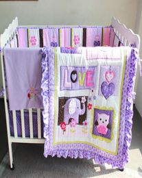 8Pcs Baby bedding set Purple 3D Embroidery elephant owl Baby crib bedding set 100 cotton include Baby quilt Bumper bed Skirt etc3399968