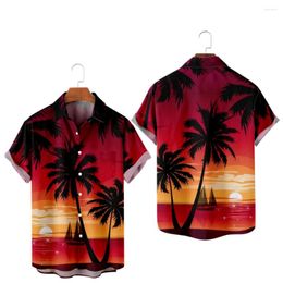 Men's Casual Shirts Palm Trees 3D Design Summer Short Sleeve V-Neck Turn-down Collar Beach Style Button Shirt