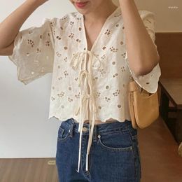 Women's Blouses Clothland Women Sweet Hollow Out Blouse V Neck Lace Up Shirt Short Style Crop Top Summer Casual Tops Blusa Mujer DA509