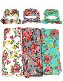 Newborn Baby Swaddle Wrap Blanket 2pcs Set Infant Kids Flower Print Cloth Knot Bows Elastic Headbands9653593