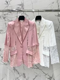 Women's Suits Elegant Pink Office Ladies Jacket Fashion Patchwork Transparent Lace Blazer Long Sleeve White Acetate Jackets