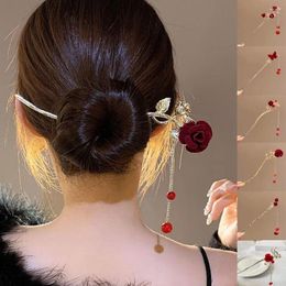 Hair Accessories Retro Rose Flower Tassel Hairpin Women Chinese Girls Chopsticks Headwear Elegant Style M0p3