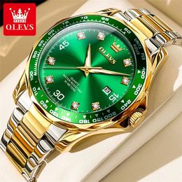 OLEVS Golden Green Quartz Watch for Men Luxury Brand Diving Waterproof Stainless steel Rubber Strap Mens Watches Original 9988 240311