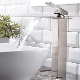 Bathroom Sink Faucets SKOWLL Waterfall Faucet Single Handle Vessel Deck Mount Vanity Modern Basin Brushed Nickel