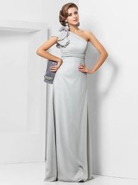 Vintage Long Silver One Shoulder Mother of the Bride Dresses With Hand Made Flower Mermaid Pleated Floor Length Mom of The Groom Dress Godmother Dress for Women