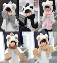 Unisex Girls Beanies Cap Set Baby Kids 3PCS Cute Ear Bow Scarf Hat Glove Sets Flannel Children Winter Warm Scarfs And Shawl3656571