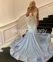 Sky Blue Sparkly Long Prom Birthday Dresses for Black Girl Gillter Velvet Diamond Crystal Evening Gown vestidos para boda de dia