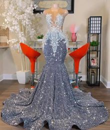 2024 Shinning Grey Sequin Mermaid Evening Dresses O Neck Lace Appliques Plus Size Birthday Party Prom Gowns For Arabic Women Custom Made