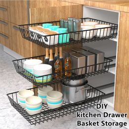 Baskets Diy Black Cupboard Drawer Basket Kitchen Storage Organiser Shelf Sliding Cabinet Basket Pull Out Drawer Type Mesh Basket