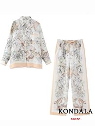 KONDALA Vintage Chic Print Holidady Set Casual Women Suit Fashion Long Sleeve Silk Oversized Shirt Wide Leg Drawstring Pant 240309