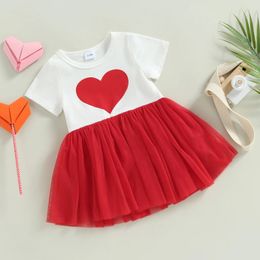 FOCUSNORM Baby Girl Valentines Day Sweet Dress 03Y Red Heart Print Short Sleeve Lace Patchwork Tutu 240228