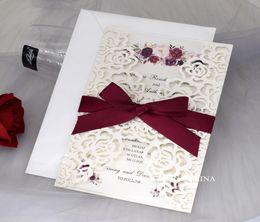 Ivory Shiny Rose Laser Cut Invitation for Wedding Pocketet Fold Flower Printing Wedding Invitation with Ribbon Graduation Invites9300519