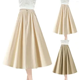 Skirts Women Solid Colour Long Pleated Skirt School Girls High Waist Large Swing A Line With Pockets Sweet Harajuku Midi