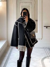 Womens Jackets Wool Blends Contrast Single Breasted Women Coat with Scarf Long Sleeve Oversized Loose Tassles Jacket Autumn {category}