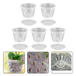 Baskets 5Pcs Transparent Orchid Pot With Holes & Tray Root Control Mesh Pot Pot Planters Plant Nursery Pots Container Garden Supplies