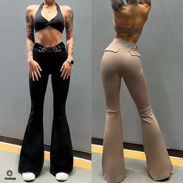 12PCS Fitness Women Buckle Yoga Set High Waist Squat Proof Workout Flare Pant Gym Legging Outfit Active Suit Wear 240307