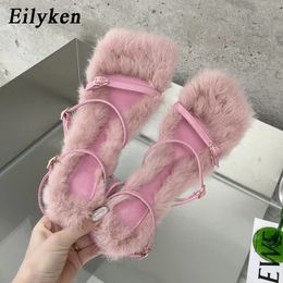 Eilyken Brand Plush Fur Fuzzy Sandals Women Thin Heels Fashion Square Toe Ankle Lace Up Buckle Strap Slides Shoes 240304