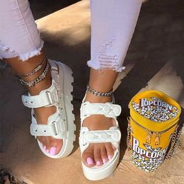 Sandals Sandals for women 23 new style rivet checkered sponge cake thick sole large size one word Velcro Roman sandals J240315