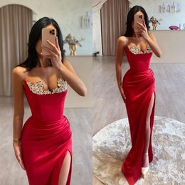 Kırmızı deniz kızı seksi balo elbiseleri boncuklar tatlım gece elbise pleats resmi uzun özel ocn bölünmüş parti elbisesi yd