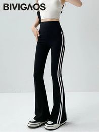 BIVIGAOS Striped Black Micro Flared Shark Pants Women High Waist Slim Sport Pocket Flared Leggings Spring Autumn Horseshoe Pants 240312