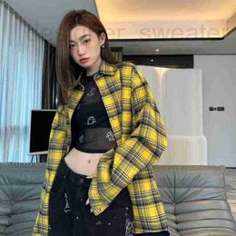 Women's Blouses & Shirts Designer double-sided yellow blue plaid hooded shirt long sleeved men's and women's trendy brand dark patterned shirt HJTJ