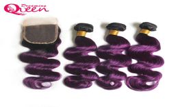 T1B Purple Colour Body Wave Ombre Brazilian Virgin Human Hair Bundles 3 Pcs With 4x4 Lace Closure Natural Hairline Ombre Hair Bundl6807524