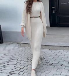 Work Dresses Women's Knitted Sweater Long Skirt Set Casual Sleeved Cardigan And Skinny Fashion Autumn Winter Lazy Style Dress