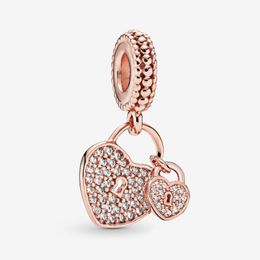 100% 925 Sterling Silver Pave Heart Padlocks Dangle Charms Fit Original European Charm Bracelet Fashion Women Wedding Engagement J274e